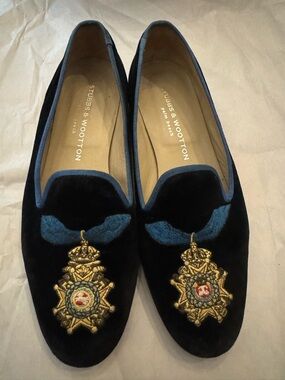 Stubbs & Wootton Black Velvet Loafers with Blue Trim and Gold Crest